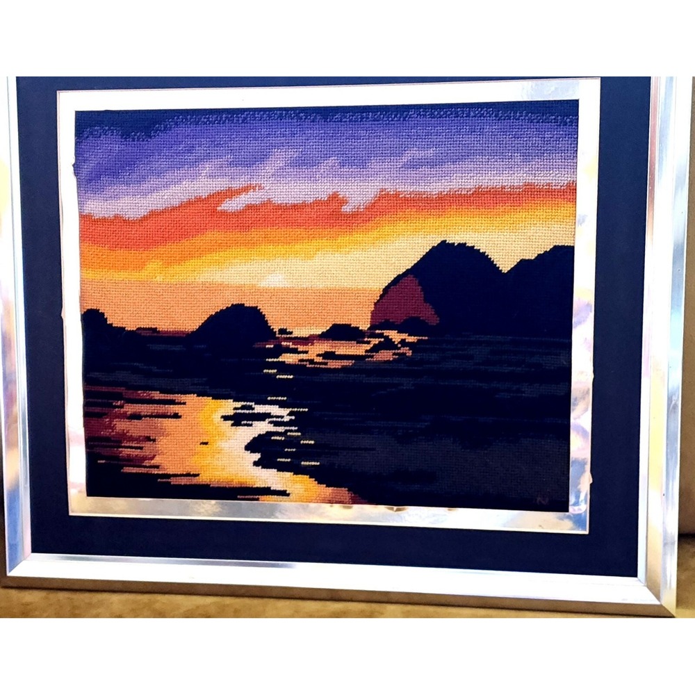 Sunset Ocean Cove Needlepoint Homemade‎ Silver Frame Matted